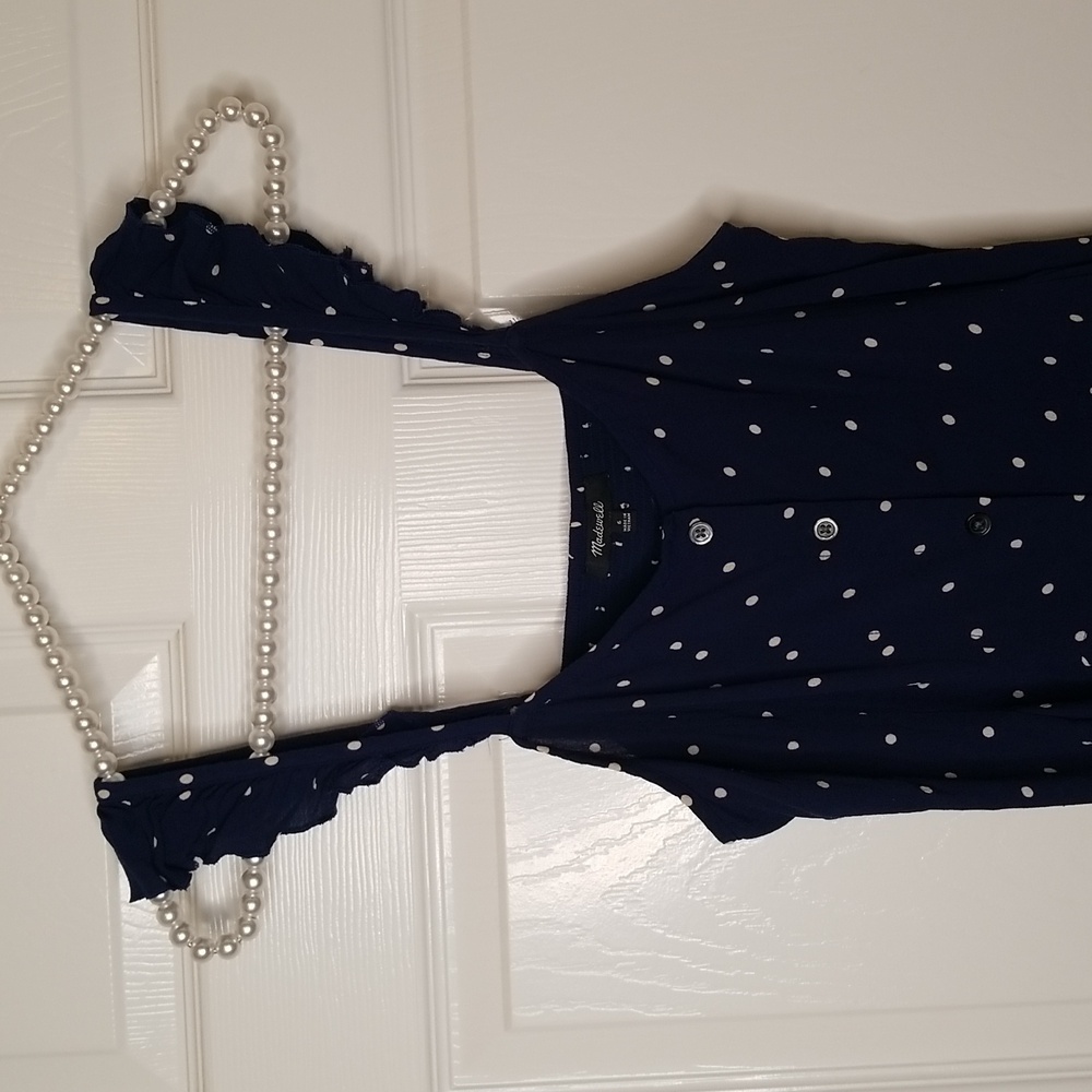 Madewell Sleeveless Blue White Polka Dot Flutter Strap Square Neck Mini Dress - Picture 4 of 14